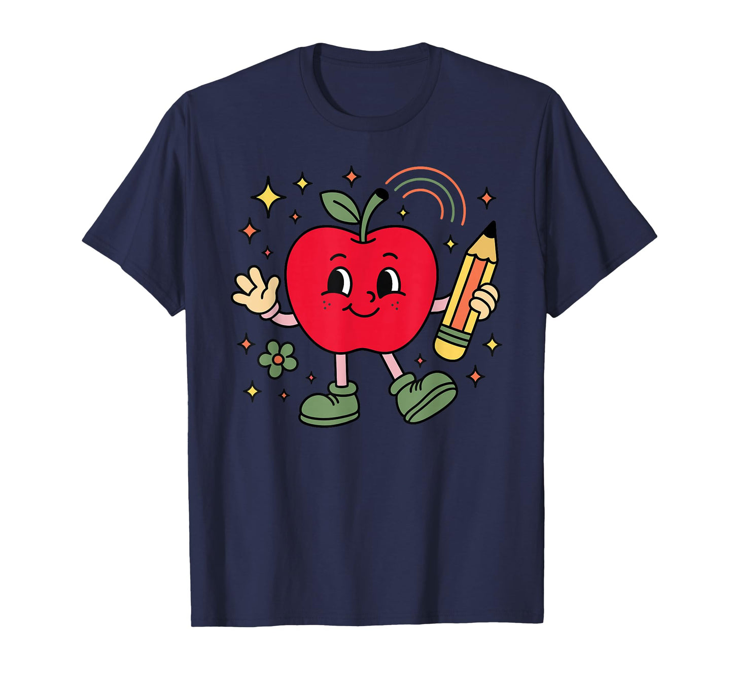 Retro School Apple with Face and Teacher’s Pencil T-Shirt