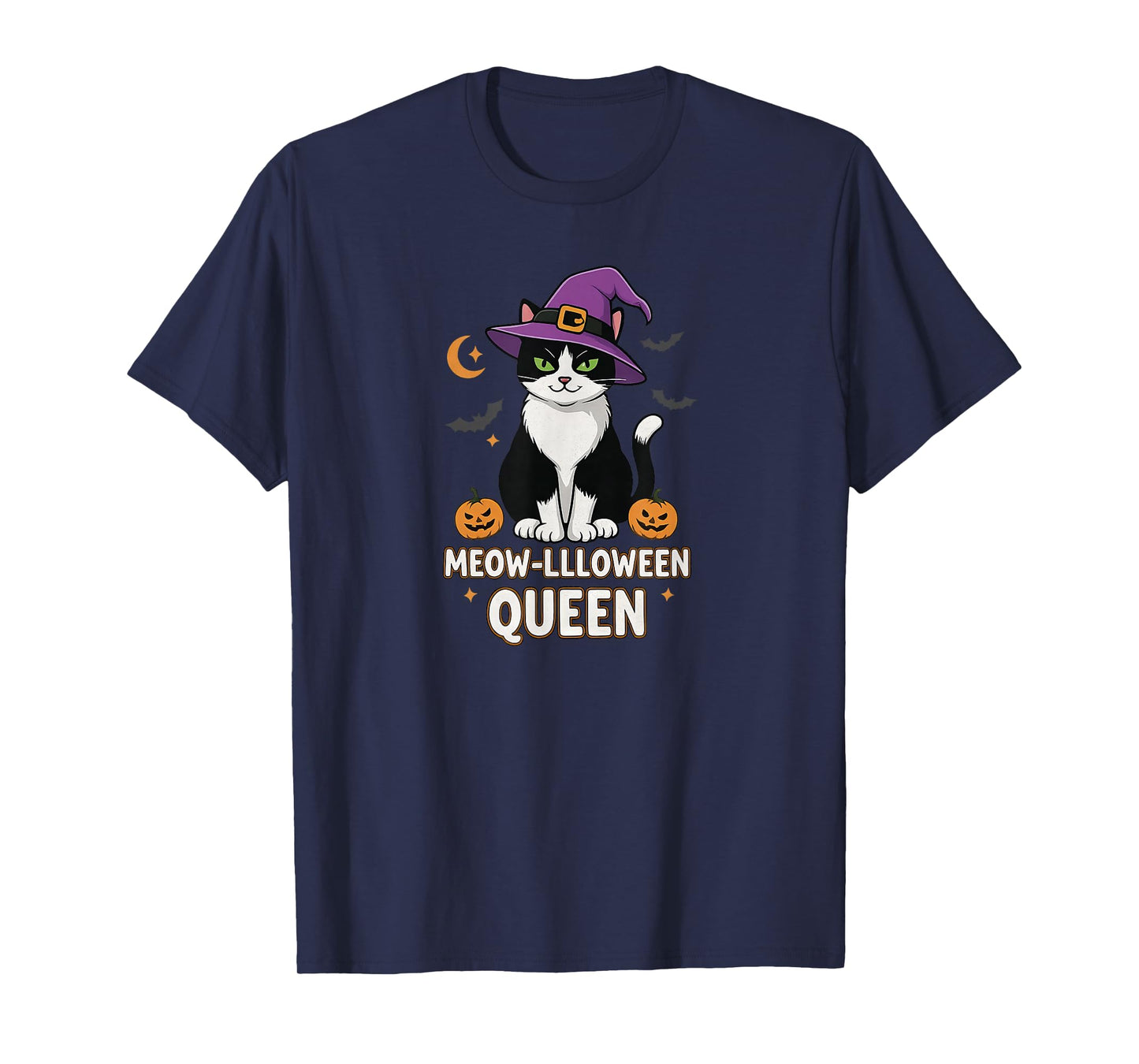 Black and White Tuxedo Cat Lazy Halloween Witch Hat Fun T-Shirt