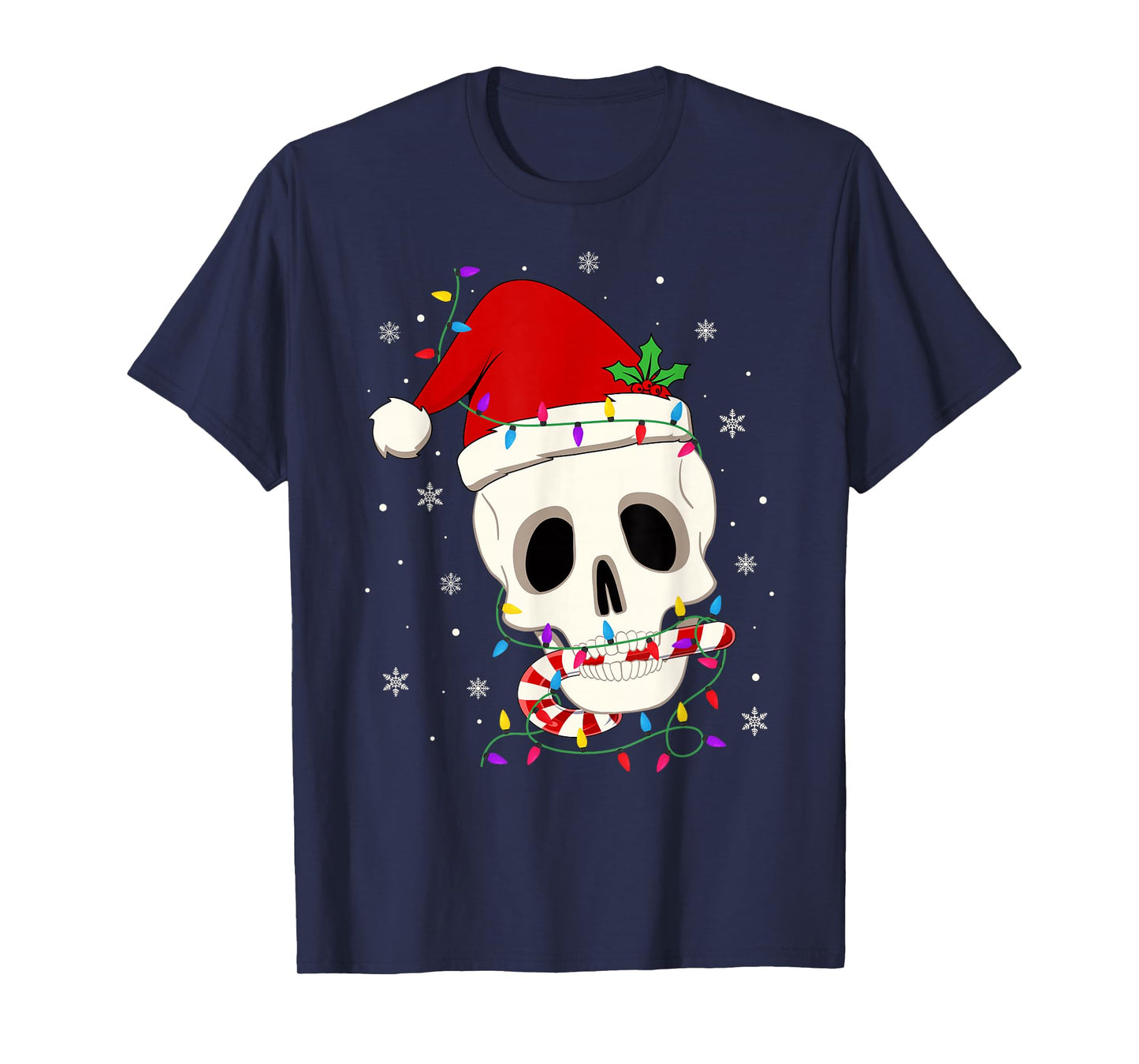 Skeleton Skull Scary Xmas Lights Funny Santa Hat Christmas T-Shirt