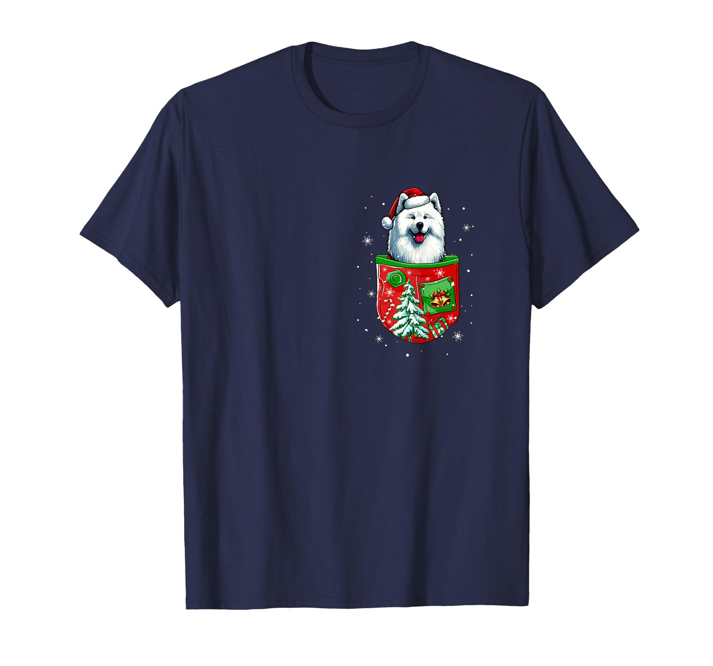 Santa Samoyed in Pocket Owner Christmas Tree Bells T-Shirt