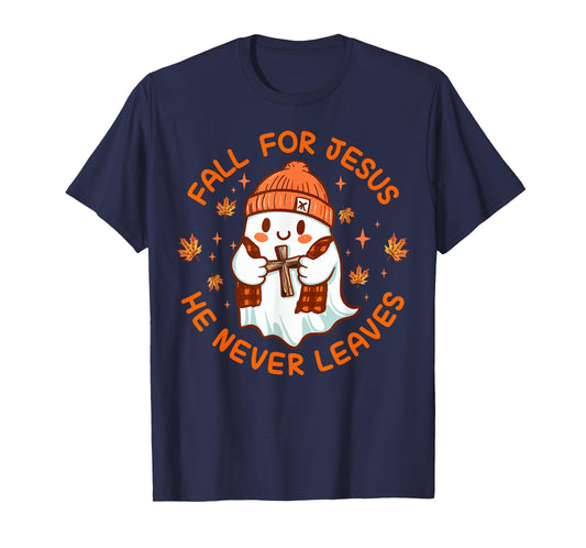Fall For Jesus He Never Leave Cute Ghost Retro Halloween T-Shirt