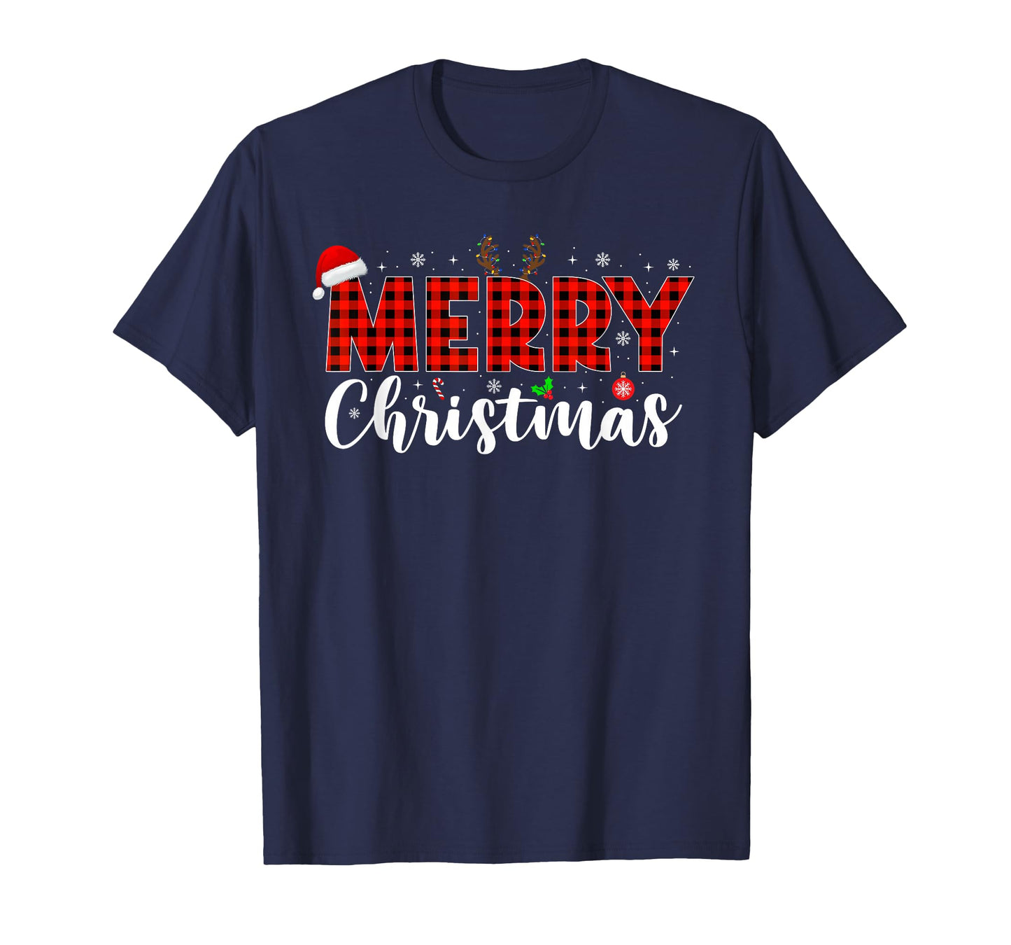 Merry Christmas Plaid Reindeer Xmas Family Men Women Kids T-Shirt
