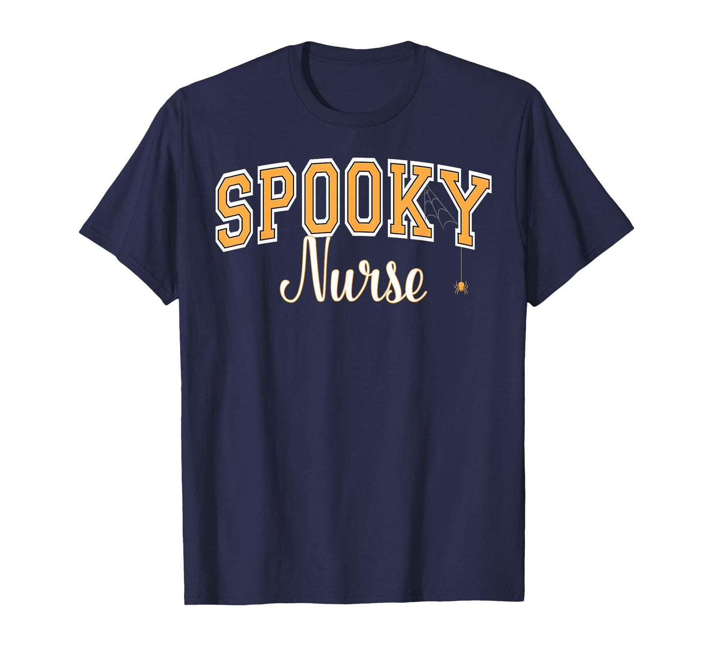 Spooky Nurse Halloween Spider Varsity Orange Letters T-Shirt