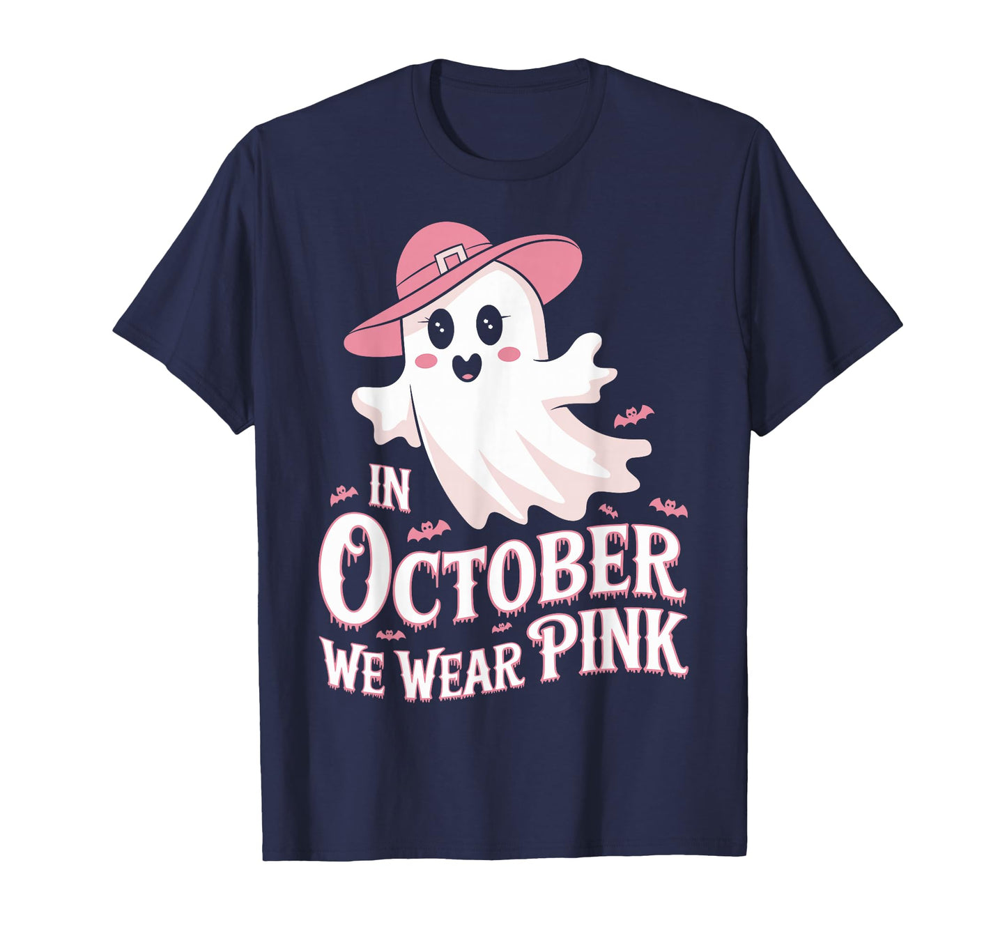 in October We Wear Pink Ghost Witch Breast Cancer Awareness T-Shirt