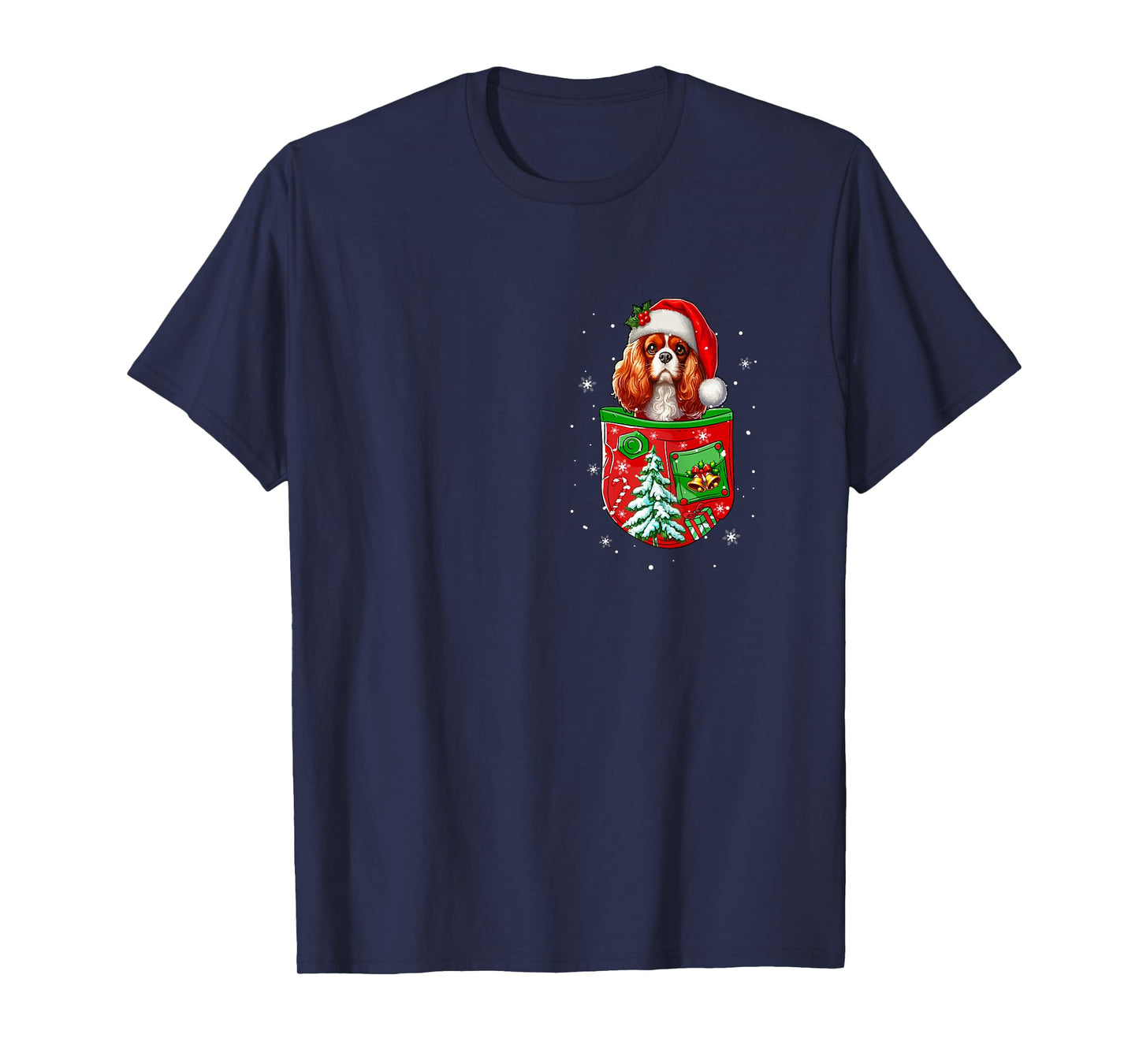 Santa King Charles Spaniel in Pocket Owner Xmas Tree Bells T-Shirt