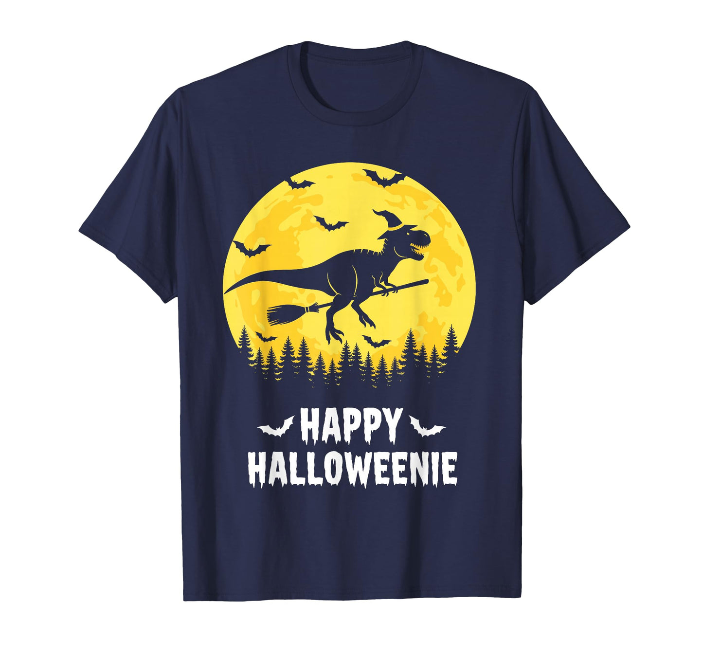 Happy Halloweenie Funny Dinosaur T Rex Flying Witch T-Shirt