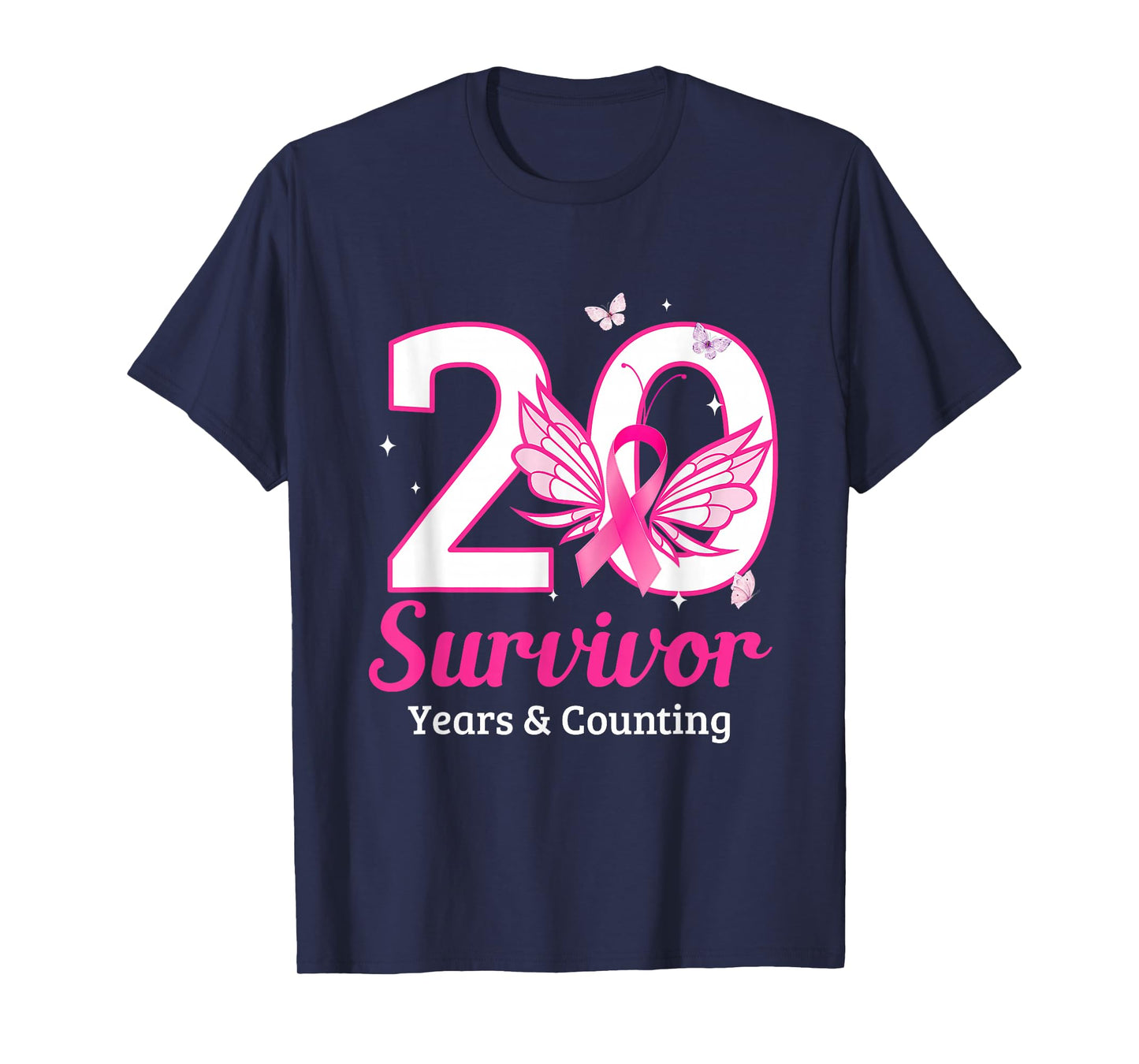 Vintage 20 Years Breast Cancer Survivor Ribbon Buffterfly T-Shirt