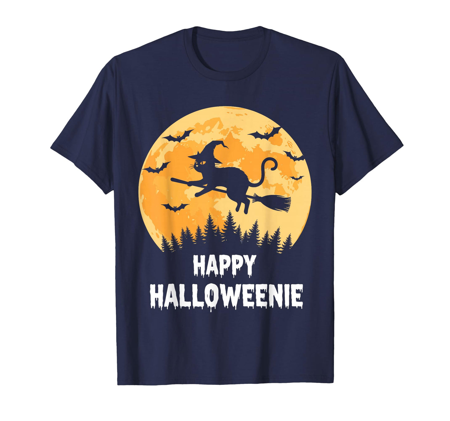 Happy Halloweenie Funny Halloween Cat Flying Witch T-Shirt