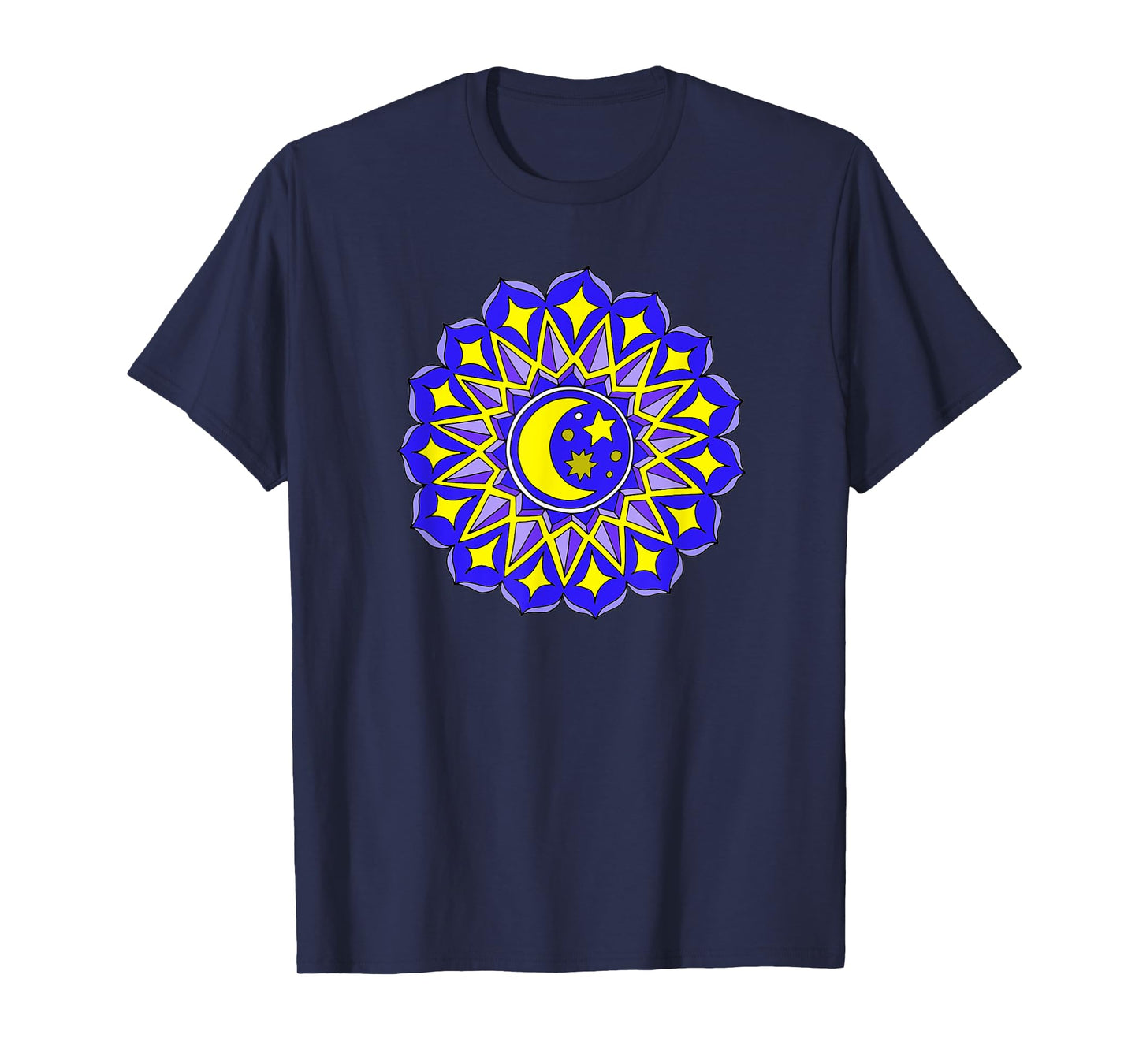 Mandala Moon Stars Blue Yellow Yoga Design Hindu Buddhist T-Shirt