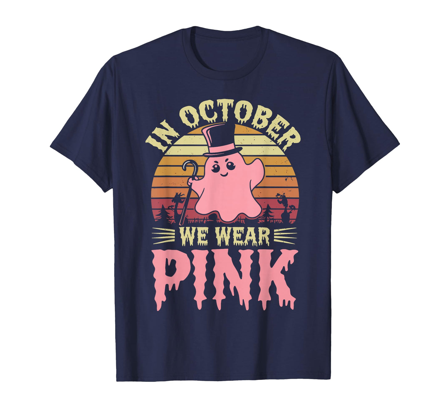 in October We Wear Pink Ghost Witch Breast Cancer Awareness T-Shirt