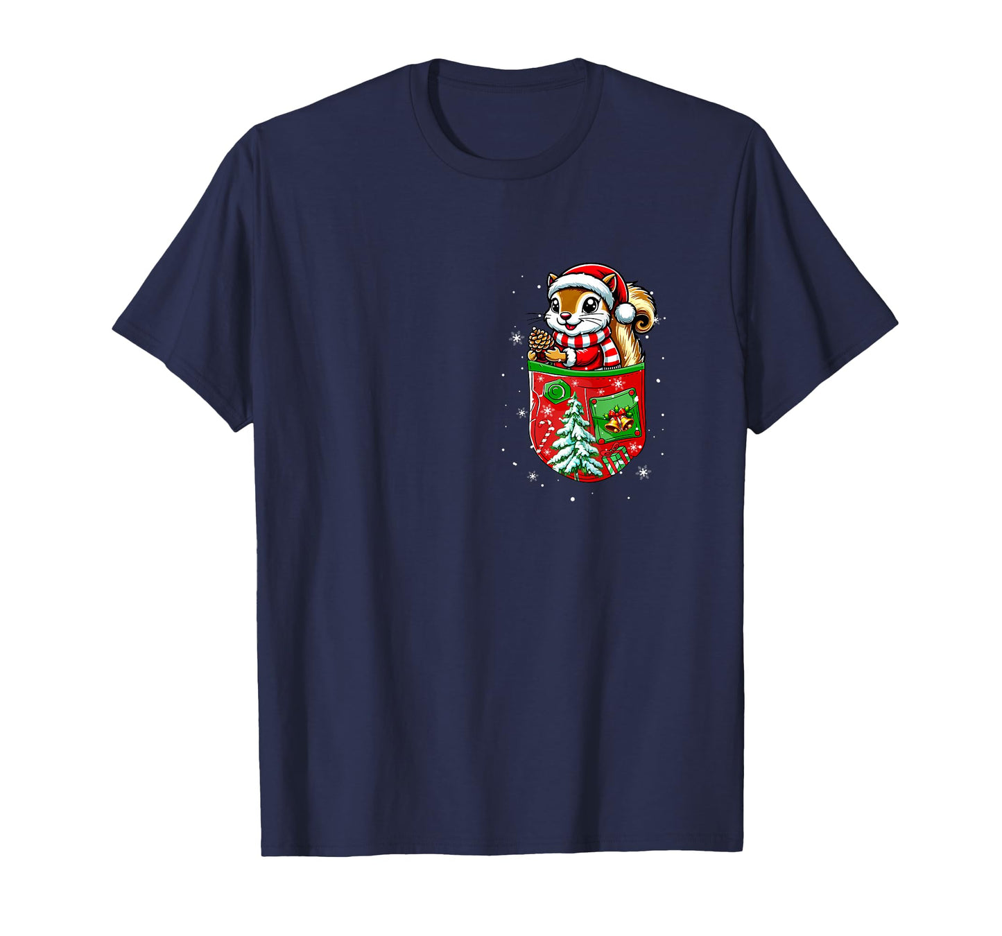 Santa Squirrel in Pocket Owner Christmas Tree Bells T-Shirt