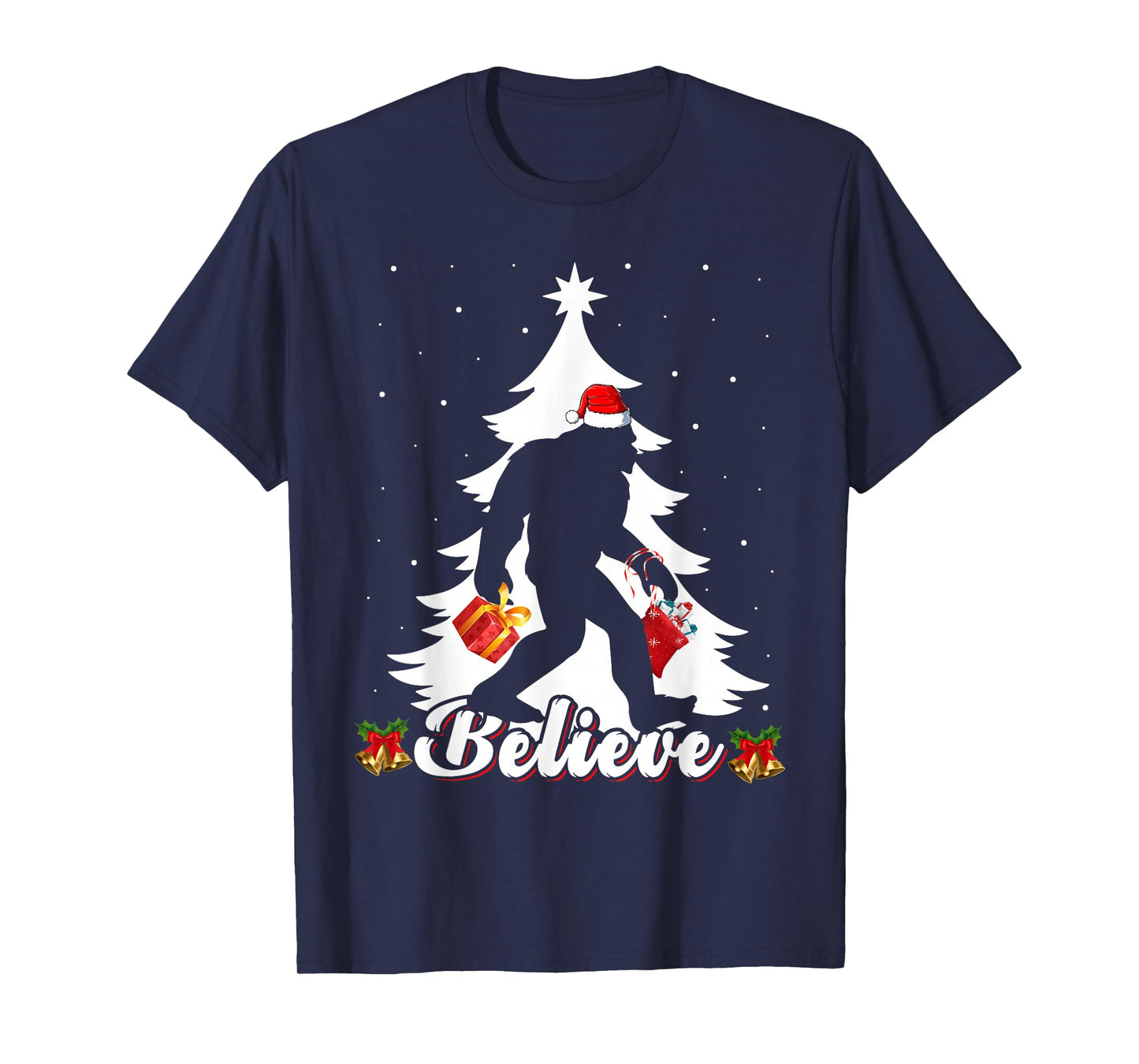 Bigfoot Believe Christmas Tree Funny Santa Sasquatch Xmas T-Shirt
