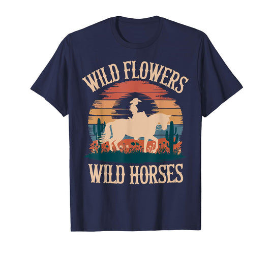 Vintage Sunset Western Country Wild Flowers - Wild Horses T-Shirt