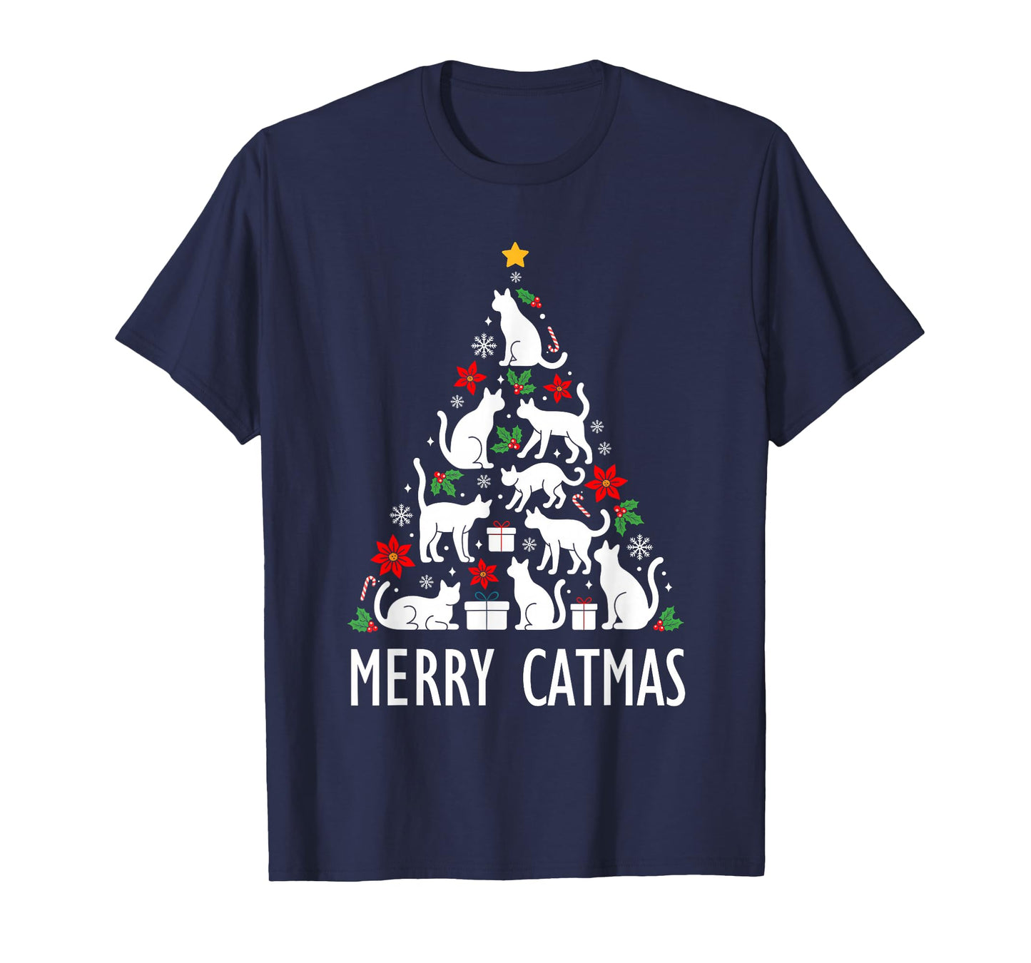 Merry Catmas Christmas Tree Lights Santa Hat Xmas Cat Lovers T-Shirt