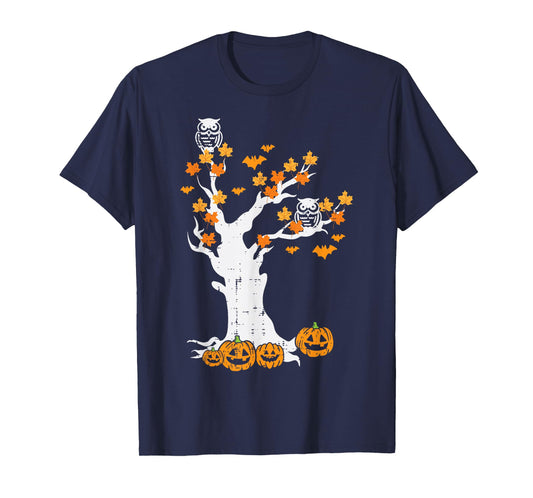 Halloween Tree Owl Leaves Pumpkin Fall Costume Women Kid Men T-Shirt