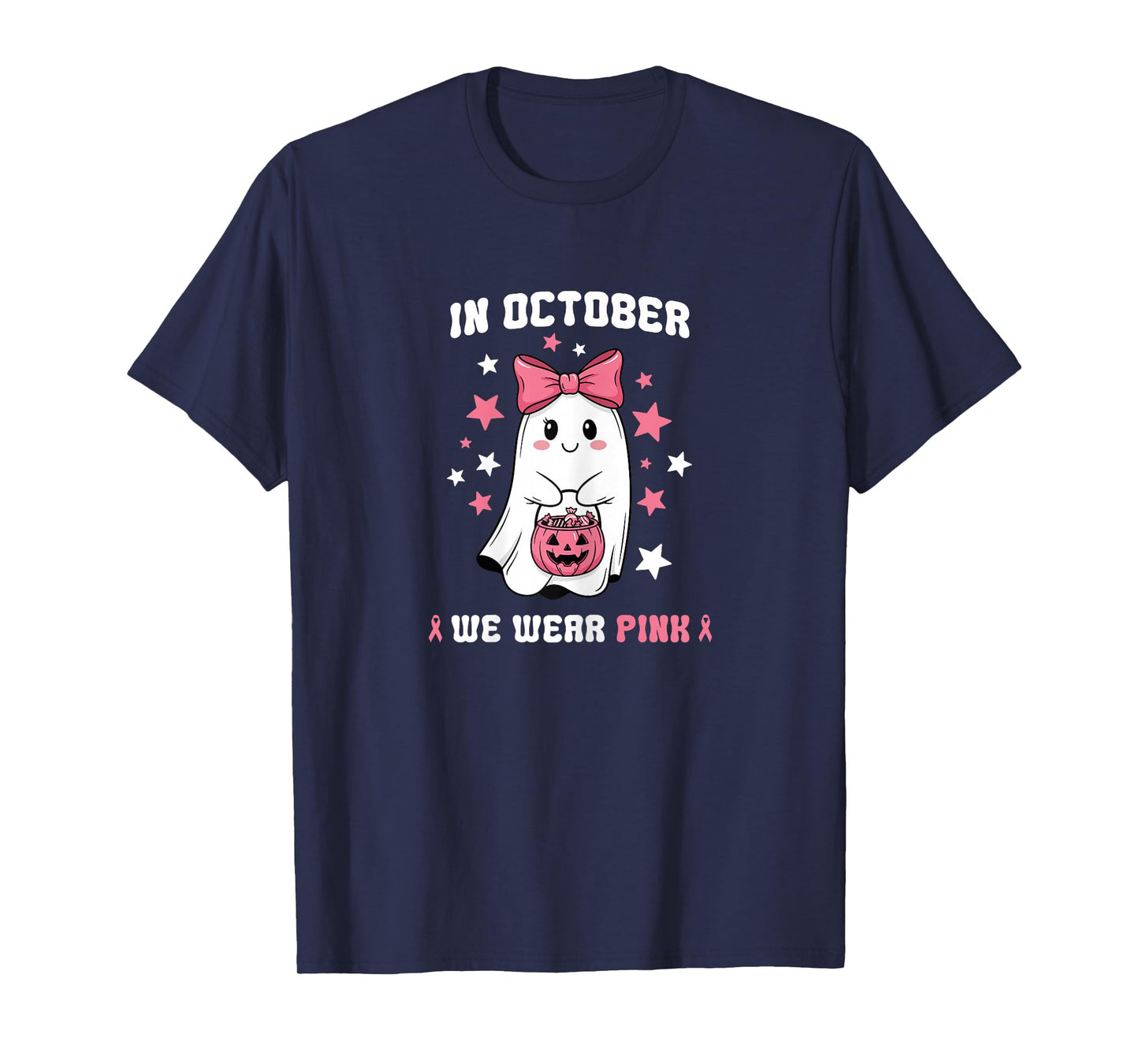 in October We Wear Pink Ghost Witch Breast Cancer Awareness T-Shirt