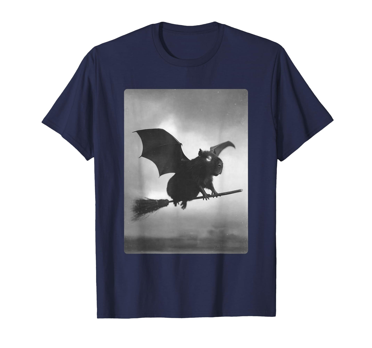 Gothic Capybara Witch Broomstick Bat Wings Spooky Halloween T-Shirt