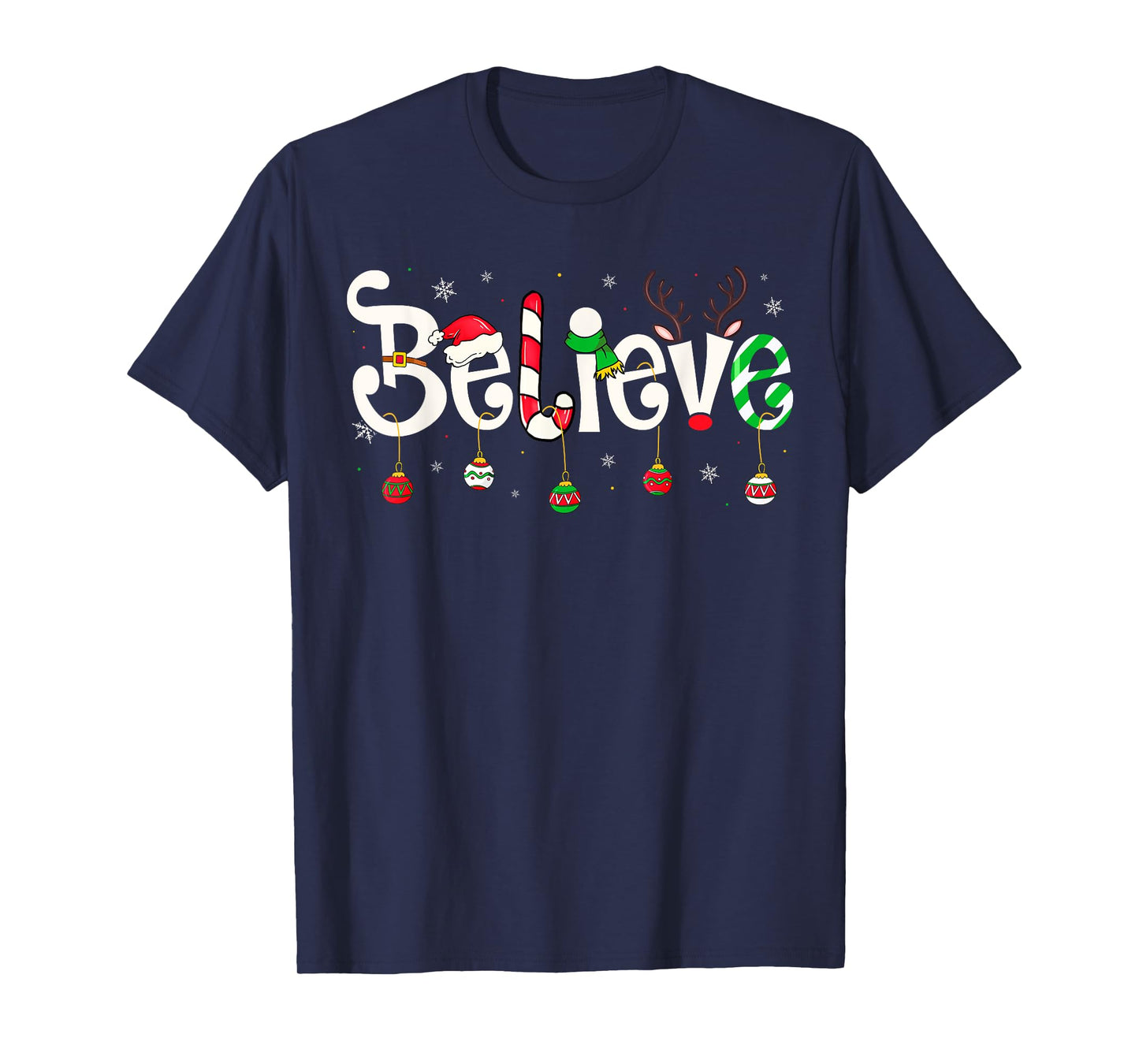 Merry Christmas Believe Santa Claus Reindeer Candy Cane Xmas T-Shirt