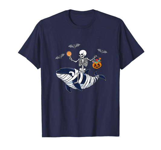 Skeleton Riding Mummy Orca Halloween Costume Whale T-Shirt