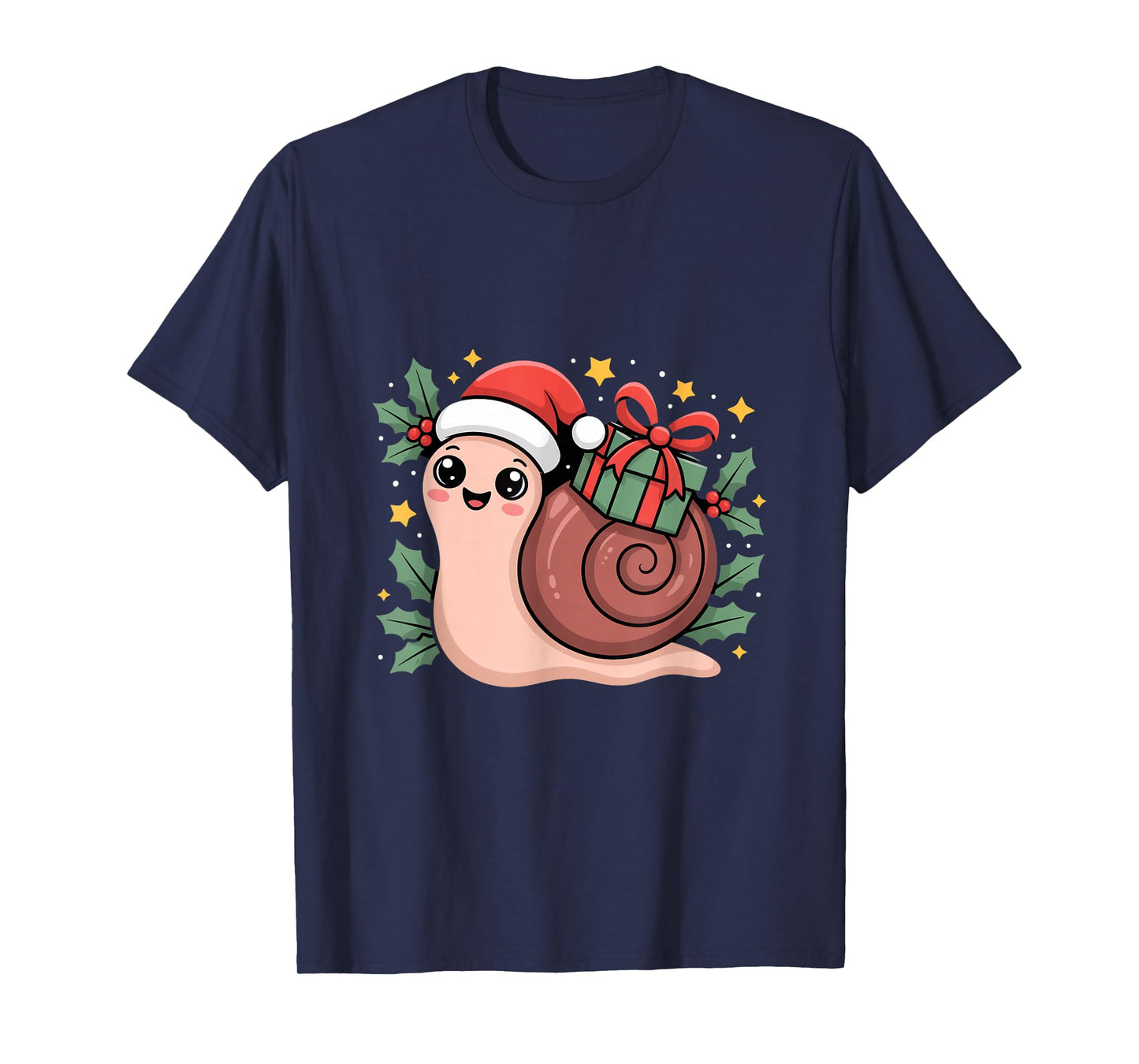 Kawaii Santa Snail with Wrapped Box and Holly Stars T-Shirt