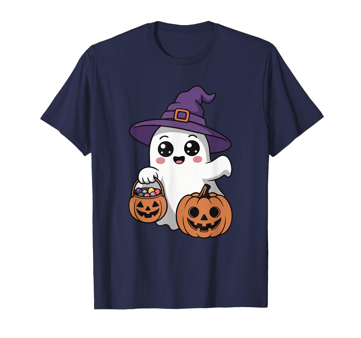 Cute Ghost with Pumpkin Candy Funny Halloween Trick or Treat T-Shirt
