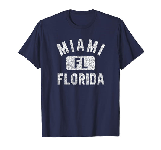 Miami Florida FL Gym Style Distressed White Print T-Shirt