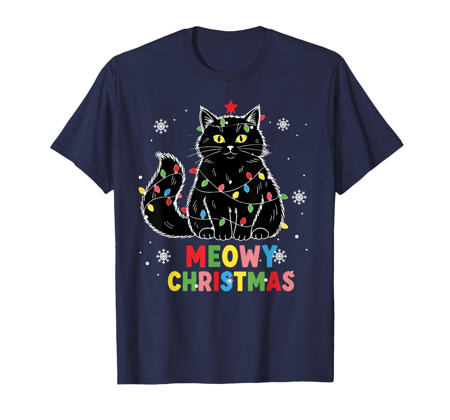 Funny Meowy Christmas Xmas Lights Black Cat Pajamas Family T-Shirt