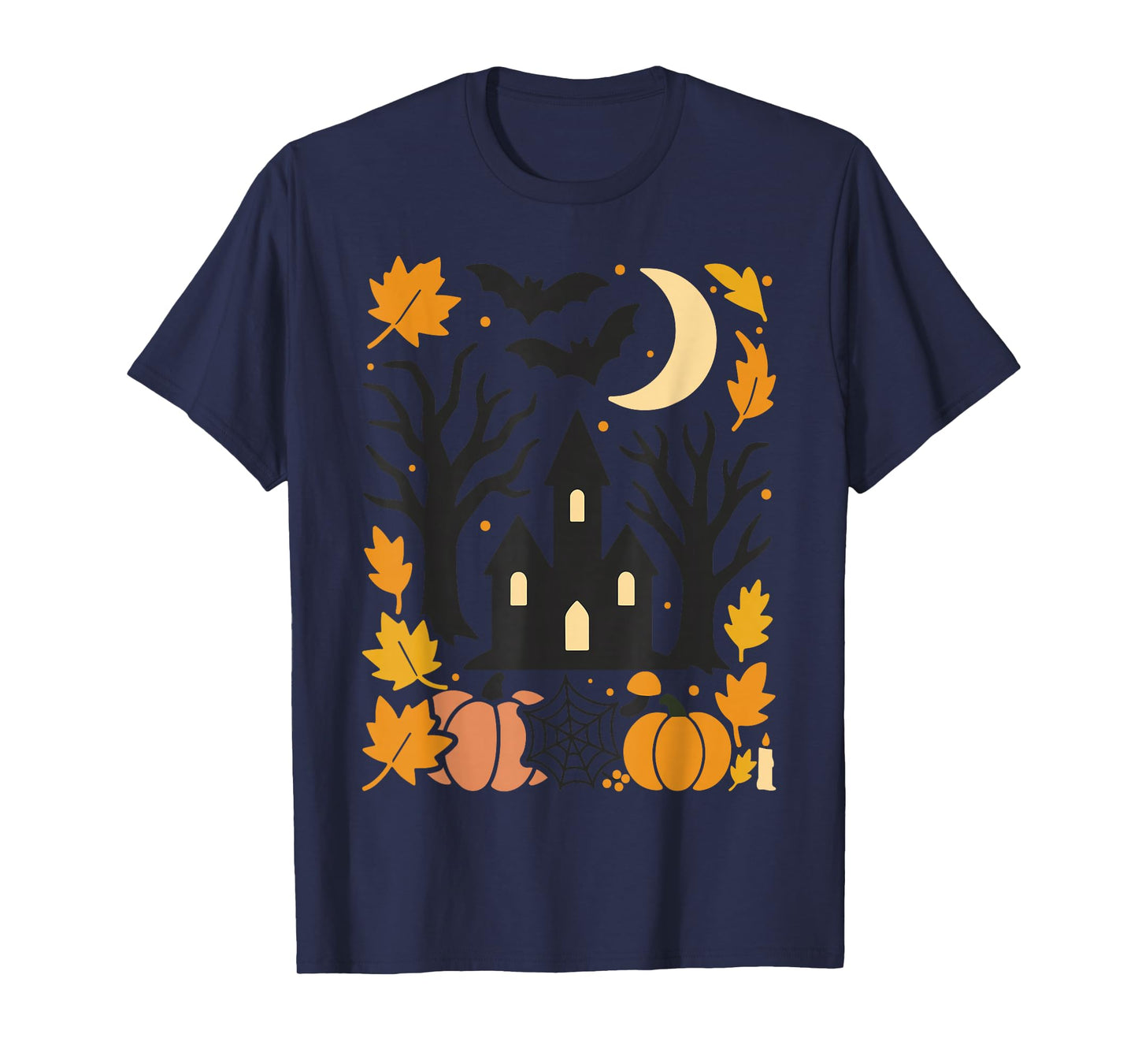 Haunted House Pumpkin Moon Bats Autumn Leaves Halloween T-Shirt