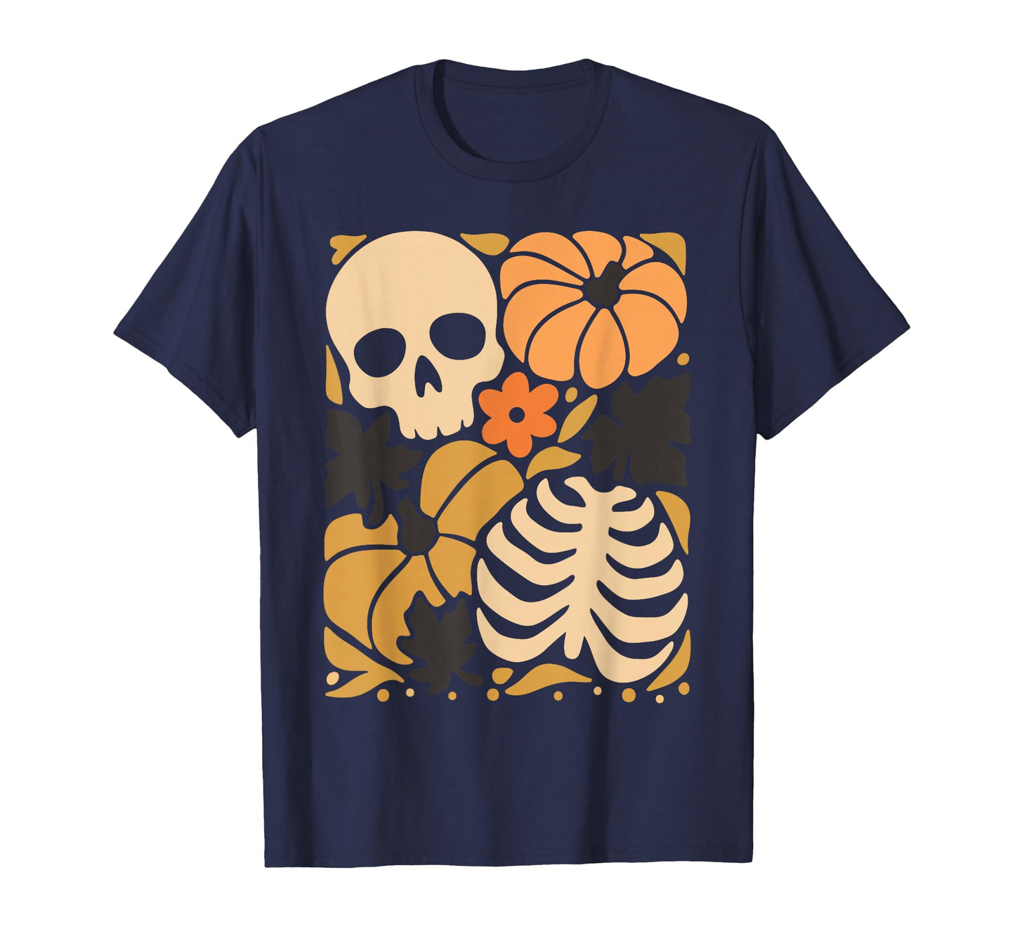 Retro Halloween Skull Pumpkin Ribcage Fall Leaves Spooky T-Shirt