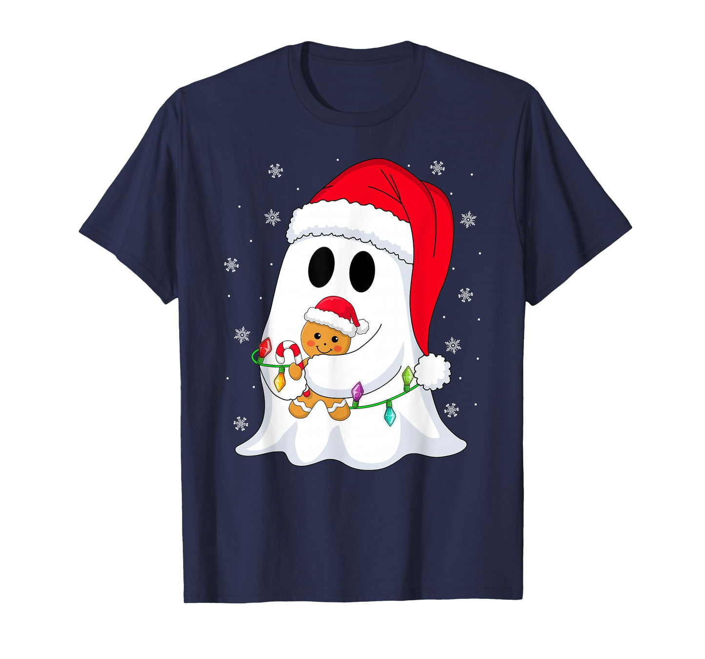 Spooky Ghost Xmas Lights Santa Hat Funny Boo Ghost Christmas T-Shirt