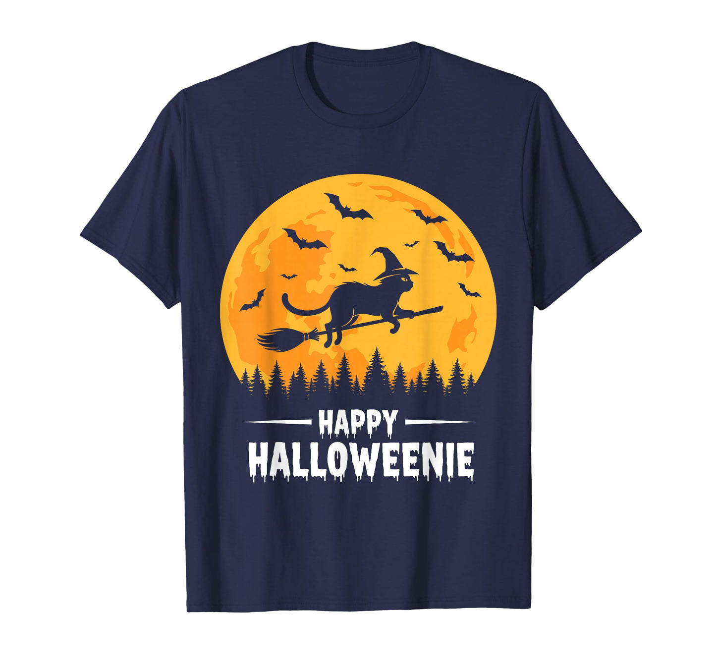 Happy Halloweenie Funny Halloween Cat Flying Witch T-Shirt