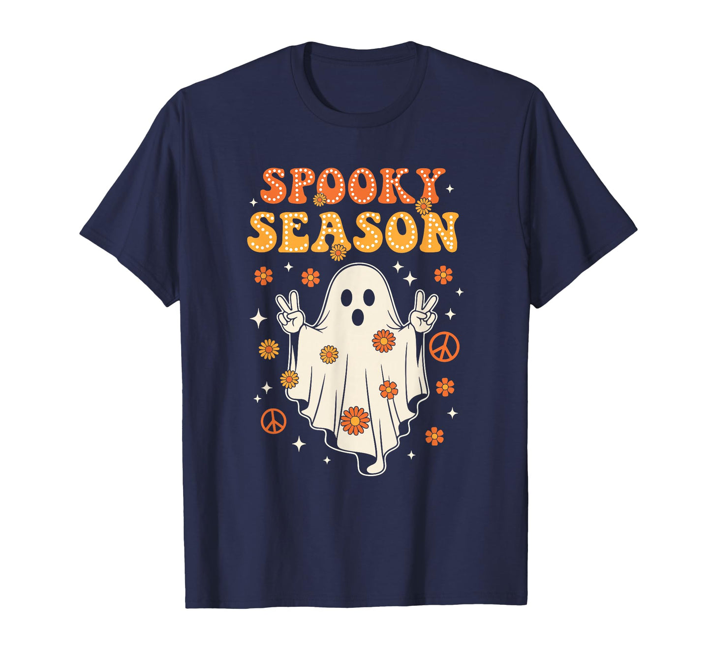 Groovy Spooky Season Retro Ghost Holding Pumpkin Halloween T-Shirt