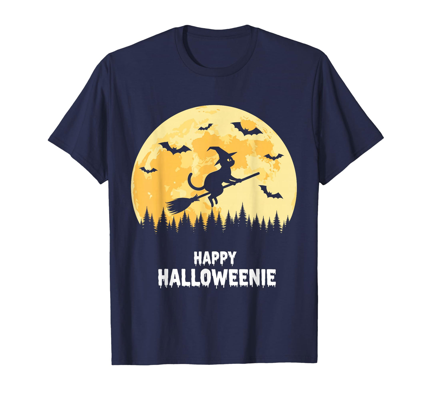 Happy Halloweenie Funny Halloween Cat Flying Witch T-Shirt