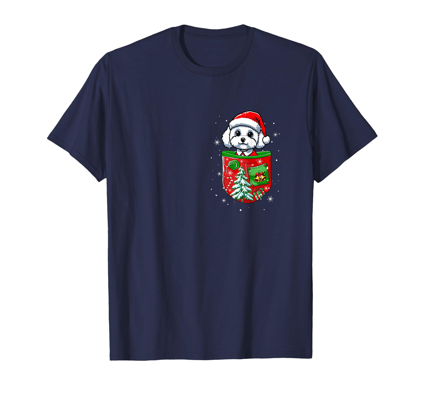 Santa Maltipoo in Pocket Owner Christmas Tree Bells T-Shirt