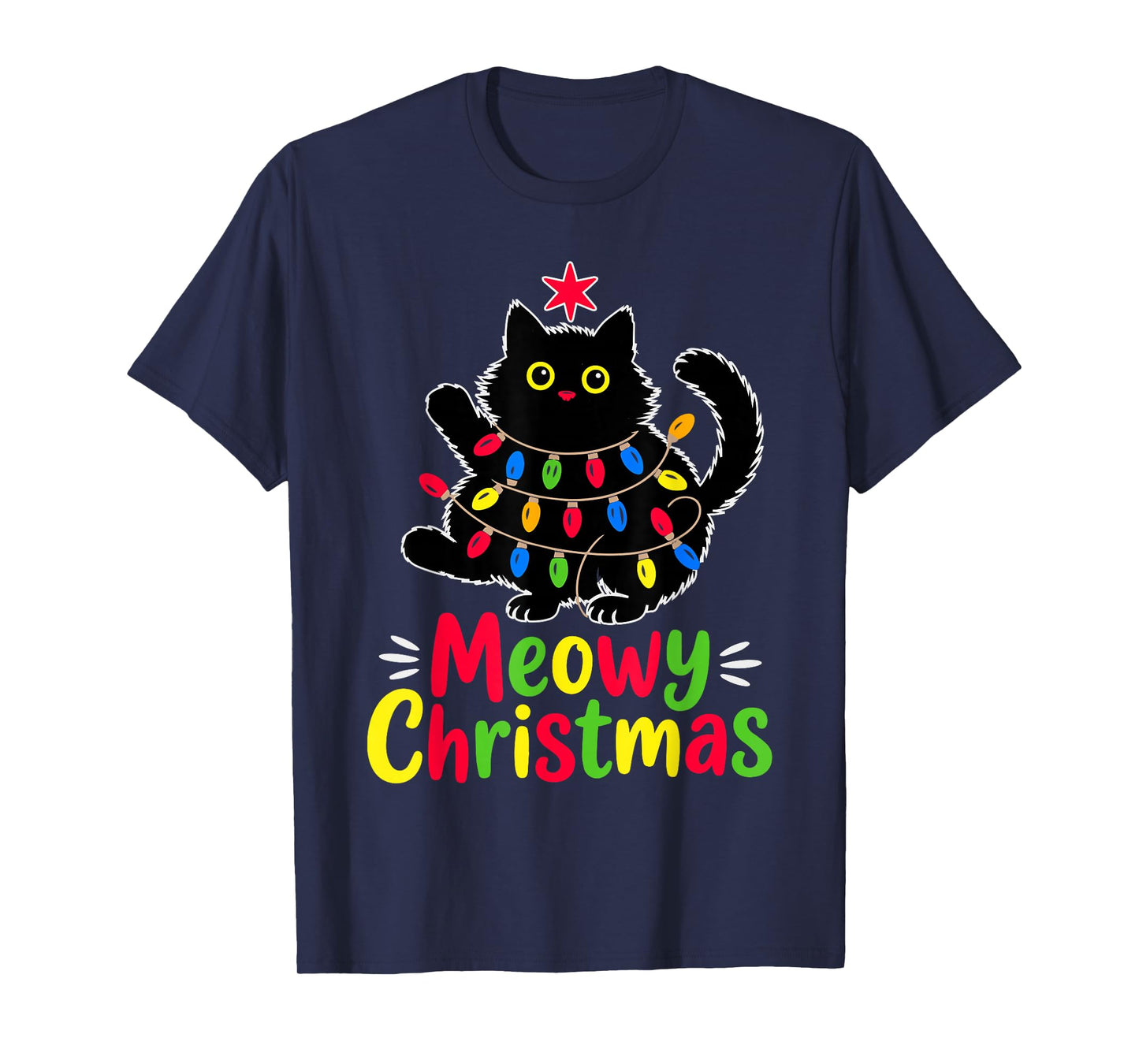 Meowy Christmas Xmas Lights Black Cat Funny Men Women Kids T-Shirt