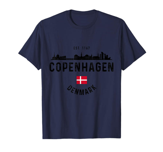 Copenhagen Denmark Skyline Souvenir Danish Flag Vintage T-Shirt