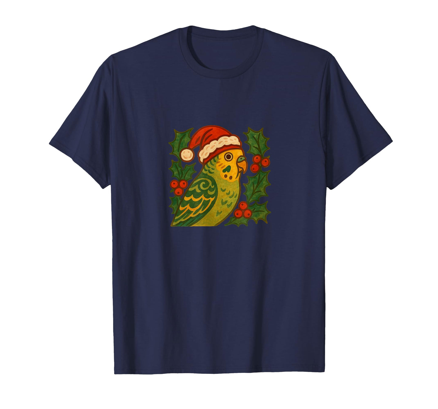 Parakeet in Santa Hat with Christmas Holly T-Shirt