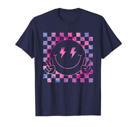 Checkered Lightning Bolt Eyes Happy Smiling Smile Face Peace T-Shirt