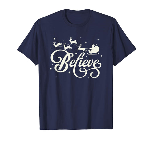 Trendy Apparel Christmas Santa and Reindeers Believe T-Shirt