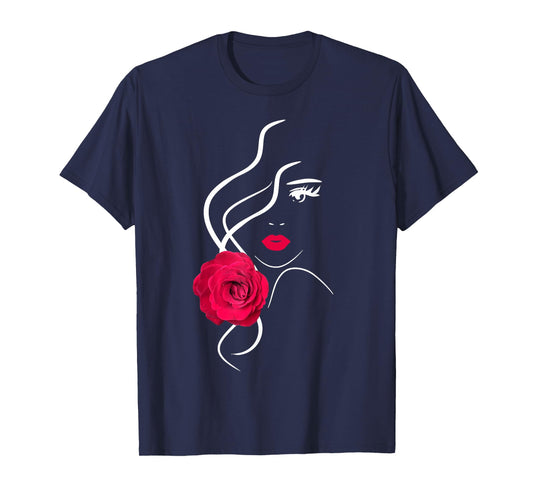 Pretty Girl Face with Hot Red Rose Black White Shapes Mania T-Shirt