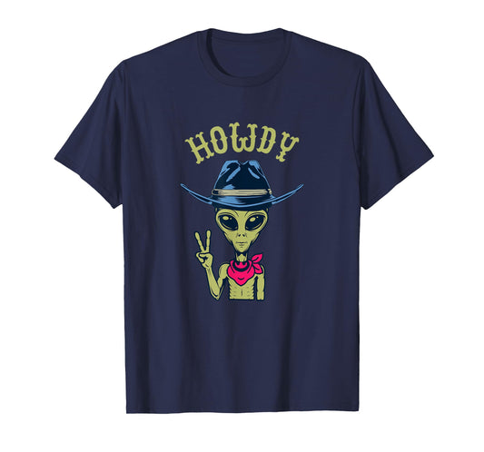 Funny Alien Cowboy Hat Howdy Peace Sign T-Shirt