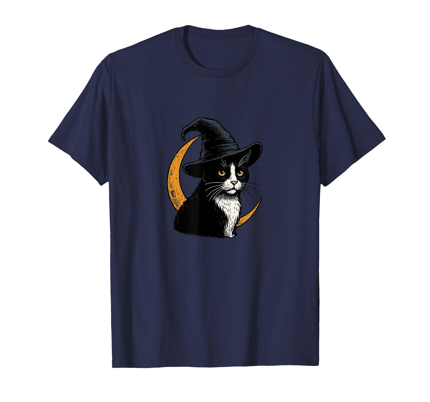 Black White Tuxedo Cat Witch Halloween Crescent Moon Design T-Shirt
