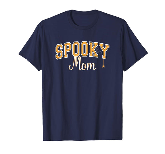 Spooky Mom Halloween with Spider Varsity Orange Letters T-Shirt