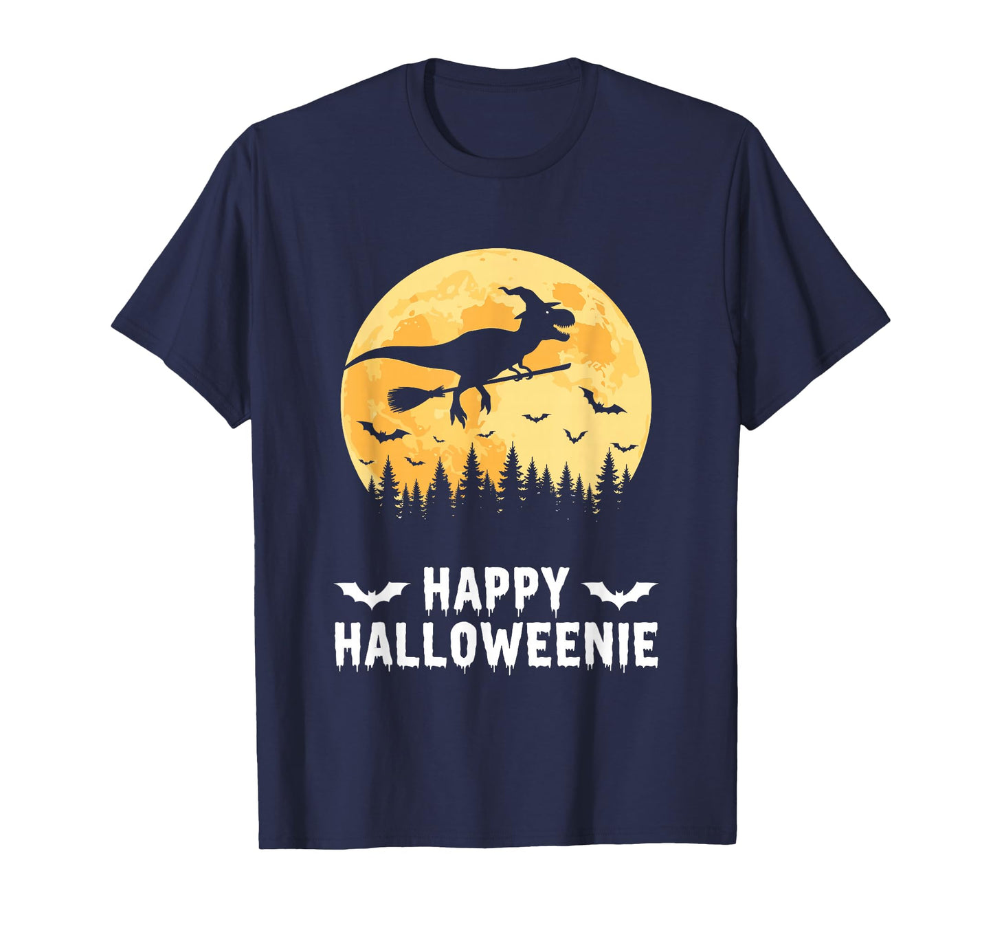 Happy Halloweenie Funny Dinosaur T Rex Flying Witch T-Shirt
