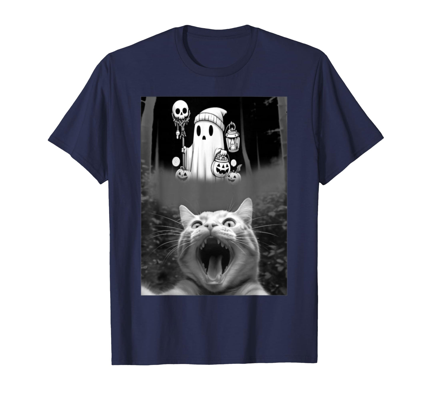 Funny Cat Selfie with Cute Boo Halloween Candy Men Women Kid T-Shirt