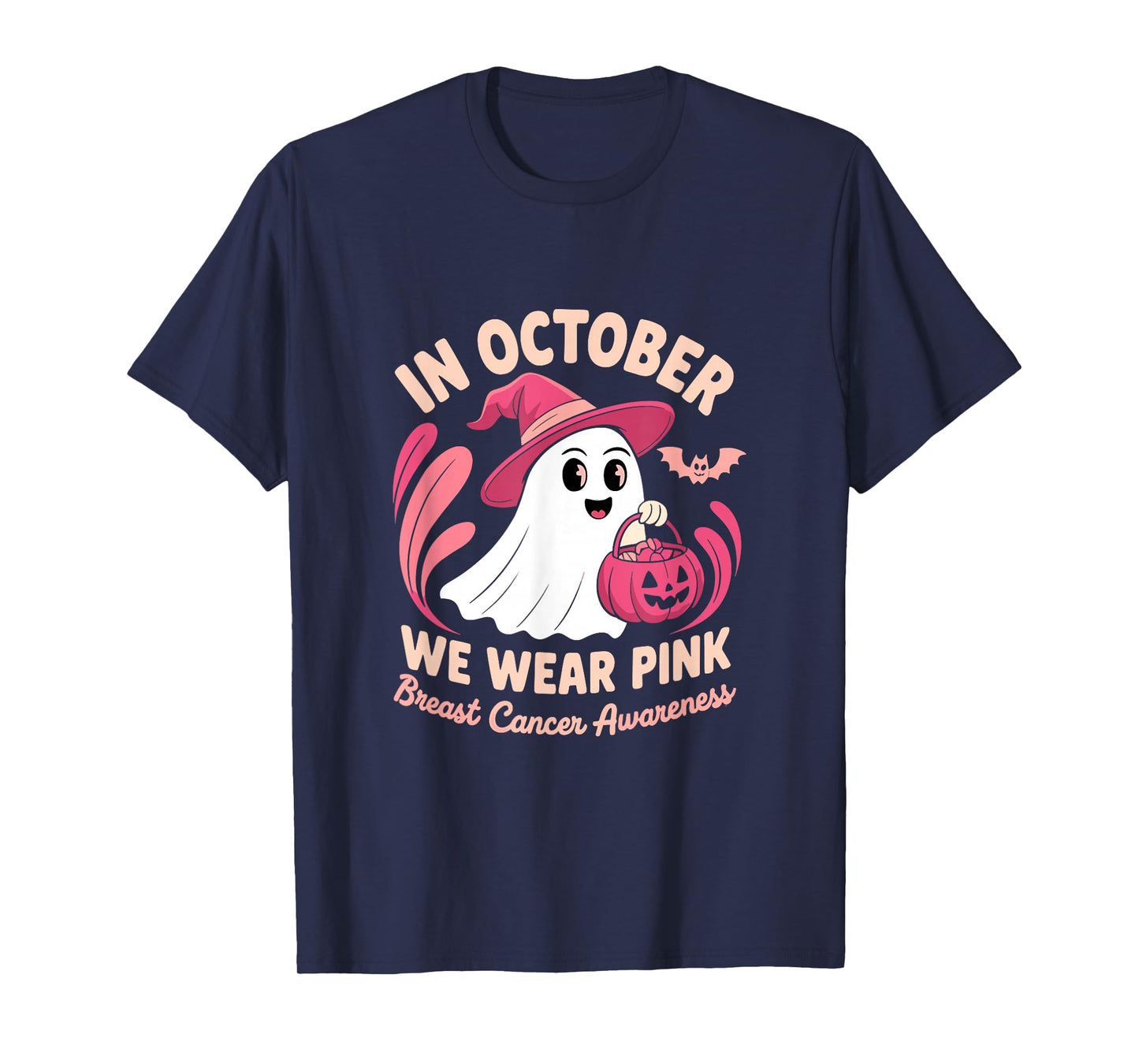 in October We Wear Pink Halloween Witch Ghost Pumpkin T-Shirt