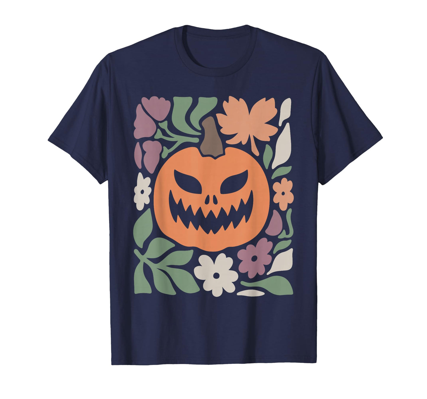 Scary Pumpkin Face Floral Halloween Spooky Jack O Lantern T-Shirt