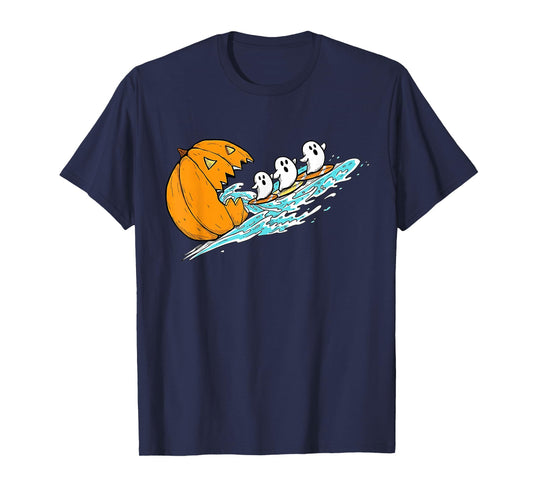 Funny Halloween Gamer Pumpkin Eating Surfing Ghosts T-Shirt