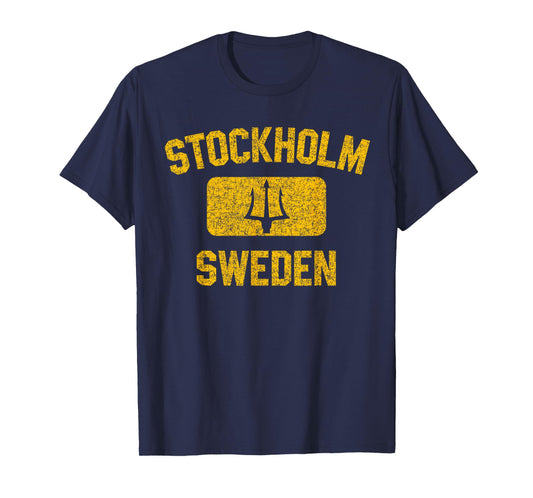 Stockholm Sweden Trident Gym Style Distressed Yellow Print T-Shirt