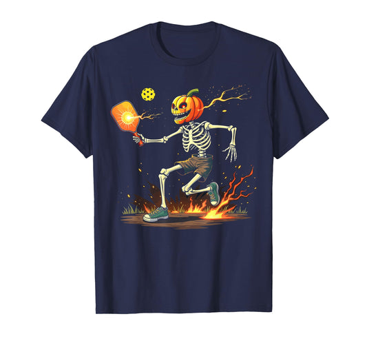 Pumpkin Head Skeleton Pickleball Halloween Spooky Sports T-Shirt
